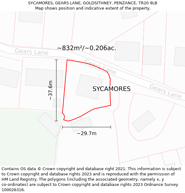 SYCAMORES, GEARS LANE, GOLDSITHNEY, PENZANCE, TR20 9LB: Plot and title map