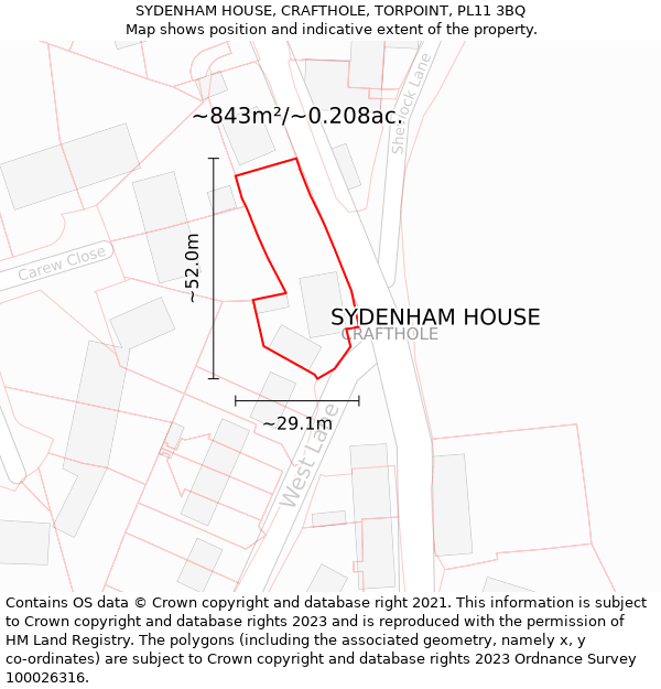 SYDENHAM HOUSE, CRAFTHOLE, TORPOINT, PL11 3BQ: Plot and title map