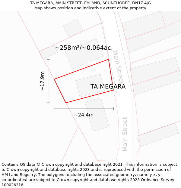 TA MEGARA, MAIN STREET, EALAND, SCUNTHORPE, DN17 4JG: Plot and title map