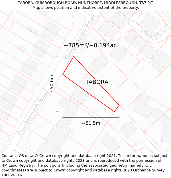 TABORA, GUISBOROUGH ROAD, NUNTHORPE, MIDDLESBROUGH, TS7 0JT: Plot and title map