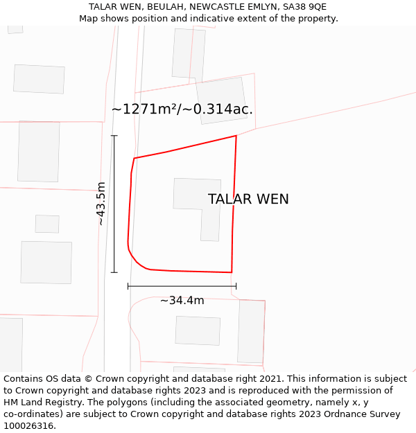 TALAR WEN, BEULAH, NEWCASTLE EMLYN, SA38 9QE: Plot and title map