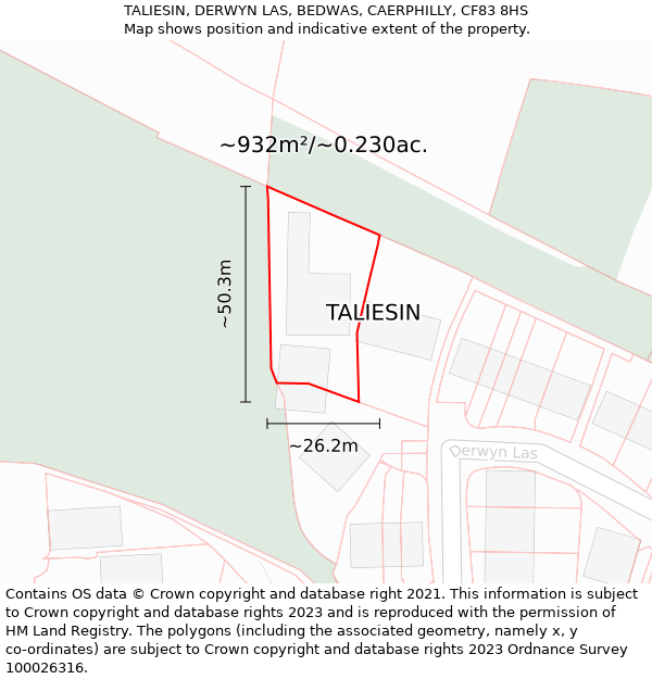 TALIESIN, DERWYN LAS, BEDWAS, CAERPHILLY, CF83 8HS: Plot and title map