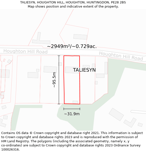 TALIESYN, HOUGHTON HILL, HOUGHTON, HUNTINGDON, PE28 2BS: Plot and title map
