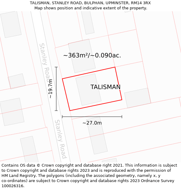 TALISMAN, STANLEY ROAD, BULPHAN, UPMINSTER, RM14 3RX: Plot and title map