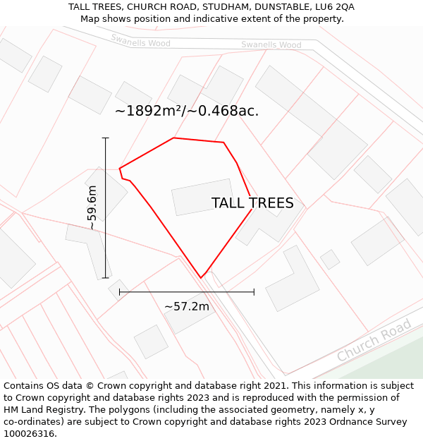 TALL TREES, CHURCH ROAD, STUDHAM, DUNSTABLE, LU6 2QA: Plot and title map