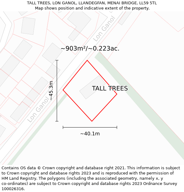 TALL TREES, LON GANOL, LLANDEGFAN, MENAI BRIDGE, LL59 5TL: Plot and title map