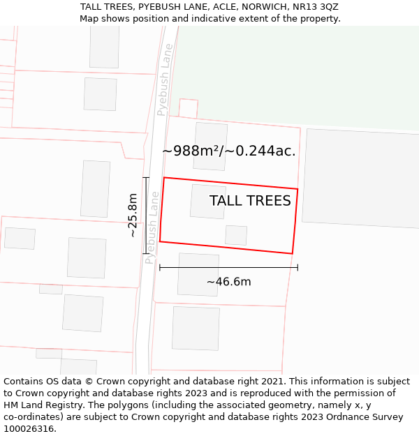 TALL TREES, PYEBUSH LANE, ACLE, NORWICH, NR13 3QZ: Plot and title map