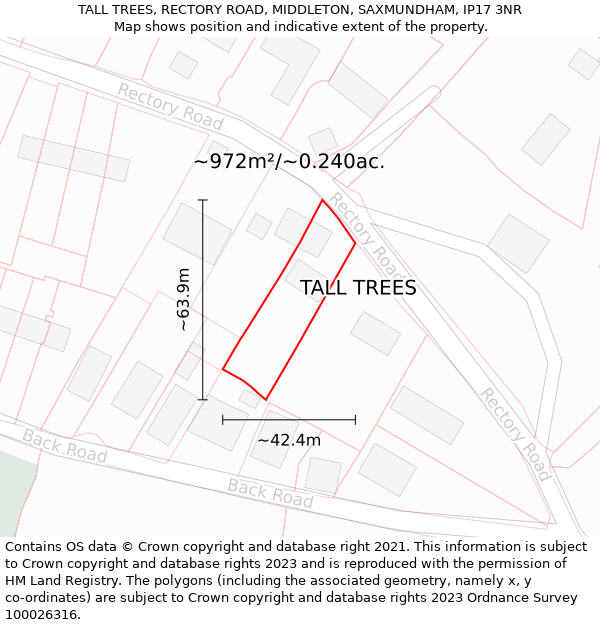 TALL TREES, RECTORY ROAD, MIDDLETON, SAXMUNDHAM, IP17 3NR: Plot and title map