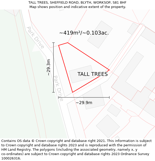 TALL TREES, SHEFFIELD ROAD, BLYTH, WORKSOP, S81 8HF: Plot and title map