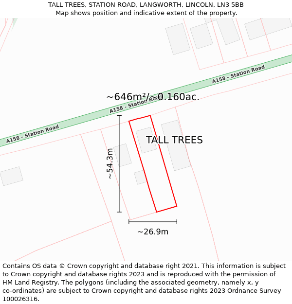 TALL TREES, STATION ROAD, LANGWORTH, LINCOLN, LN3 5BB: Plot and title map