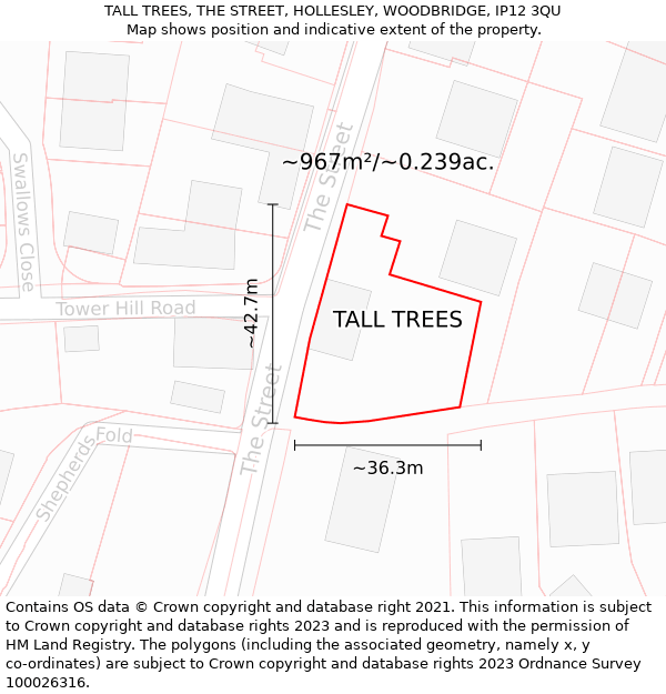 TALL TREES, THE STREET, HOLLESLEY, WOODBRIDGE, IP12 3QU: Plot and title map
