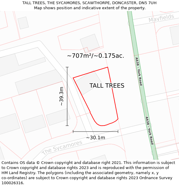 TALL TREES, THE SYCAMORES, SCAWTHORPE, DONCASTER, DN5 7UH: Plot and title map