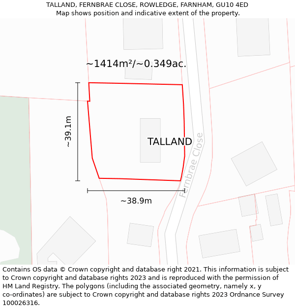 TALLAND, FERNBRAE CLOSE, ROWLEDGE, FARNHAM, GU10 4ED: Plot and title map