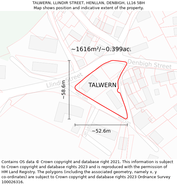 TALWERN, LLINDIR STREET, HENLLAN, DENBIGH, LL16 5BH: Plot and title map