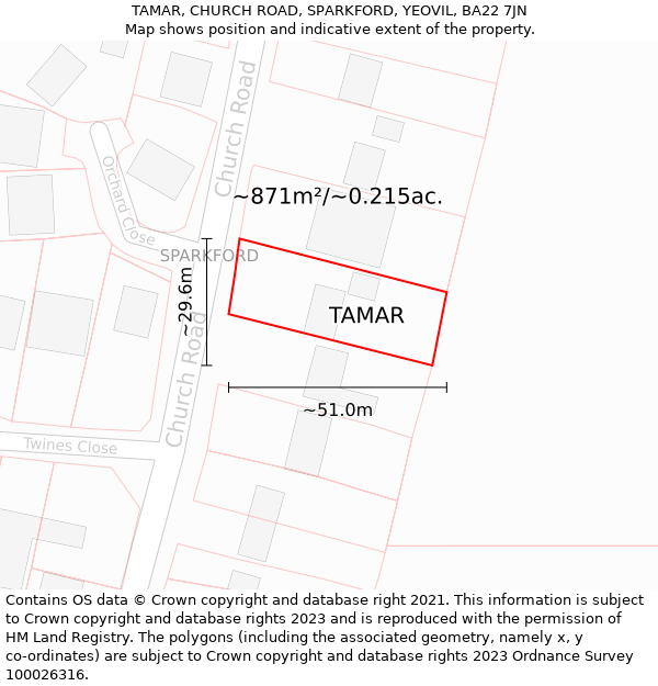 TAMAR, CHURCH ROAD, SPARKFORD, YEOVIL, BA22 7JN: Plot and title map