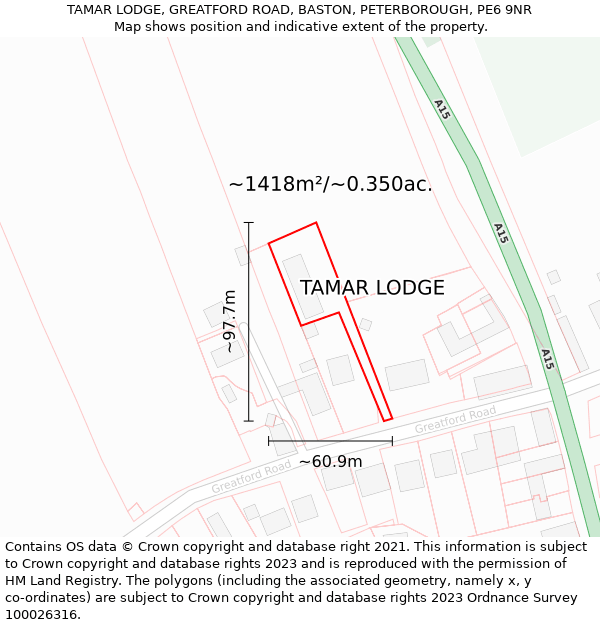 TAMAR LODGE, GREATFORD ROAD, BASTON, PETERBOROUGH, PE6 9NR: Plot and title map