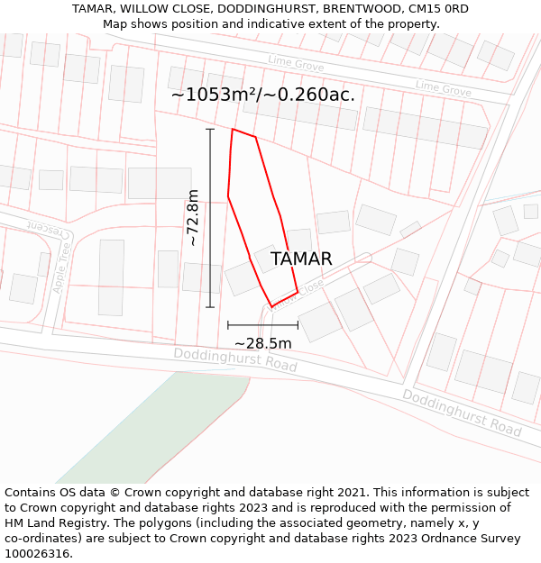 TAMAR, WILLOW CLOSE, DODDINGHURST, BRENTWOOD, CM15 0RD: Plot and title map