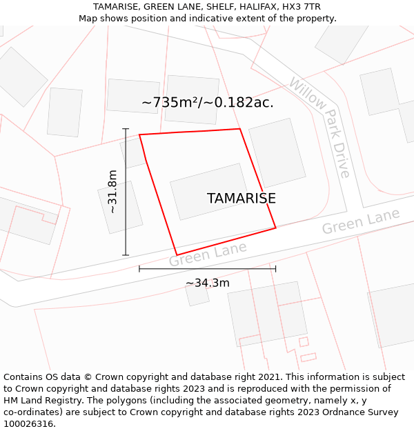 TAMARISE, GREEN LANE, SHELF, HALIFAX, HX3 7TR: Plot and title map