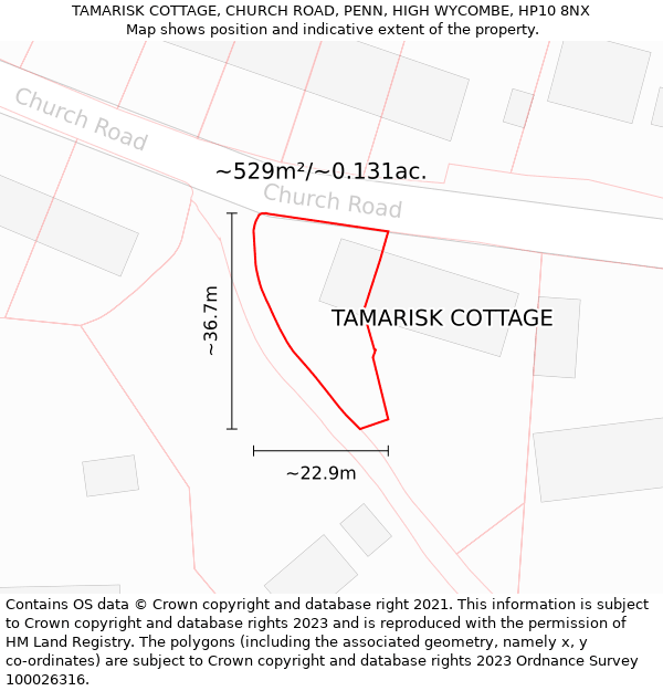 TAMARISK COTTAGE, CHURCH ROAD, PENN, HIGH WYCOMBE, HP10 8NX: Plot and title map