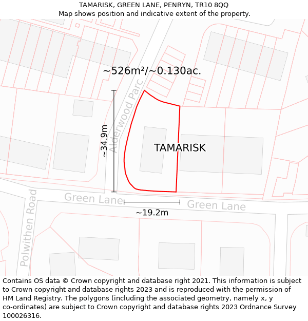 TAMARISK, GREEN LANE, PENRYN, TR10 8QQ: Plot and title map