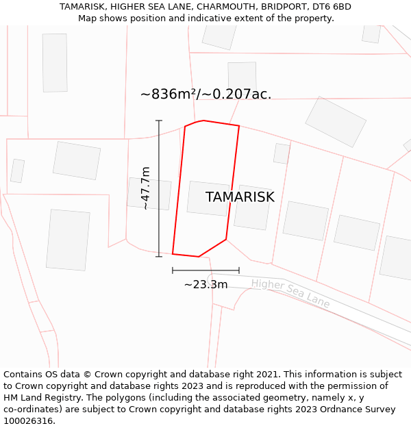 TAMARISK, HIGHER SEA LANE, CHARMOUTH, BRIDPORT, DT6 6BD: Plot and title map