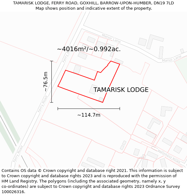 TAMARISK LODGE, FERRY ROAD, GOXHILL, BARROW-UPON-HUMBER, DN19 7LD: Plot and title map