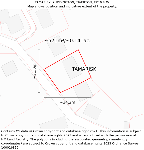 TAMARISK, PUDDINGTON, TIVERTON, EX16 8LW: Plot and title map