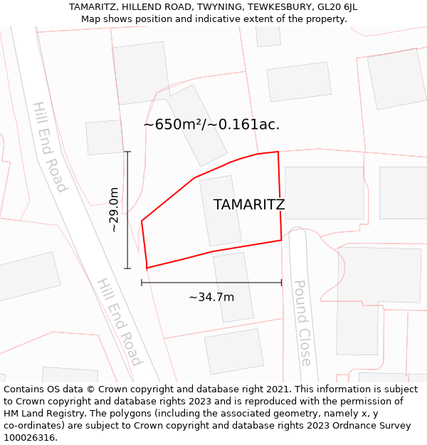 TAMARITZ, HILLEND ROAD, TWYNING, TEWKESBURY, GL20 6JL: Plot and title map