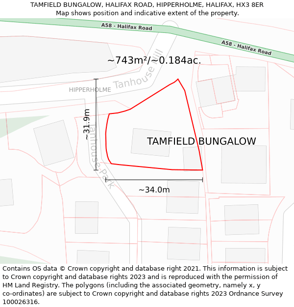 TAMFIELD BUNGALOW, HALIFAX ROAD, HIPPERHOLME, HALIFAX, HX3 8ER: Plot and title map