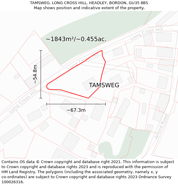 TAMSWEG, LONG CROSS HILL, HEADLEY, BORDON, GU35 8BS: Plot and title map