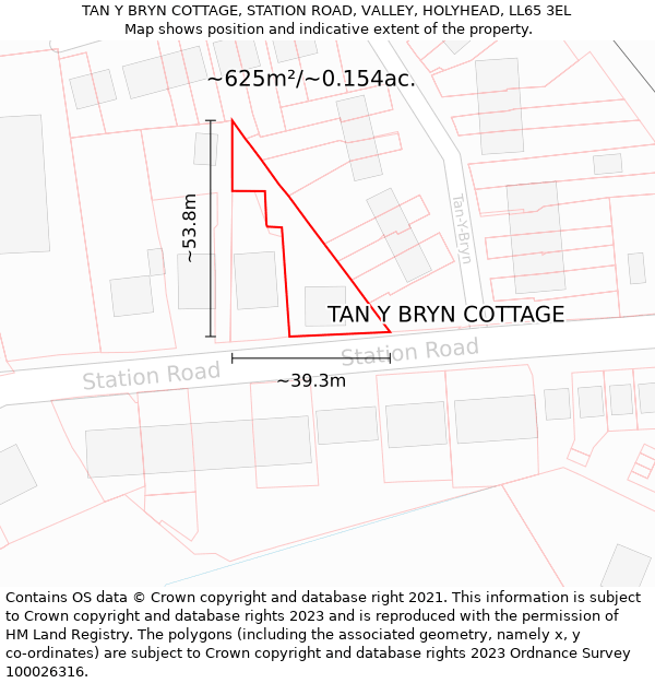 TAN Y BRYN COTTAGE, STATION ROAD, VALLEY, HOLYHEAD, LL65 3EL: Plot and title map