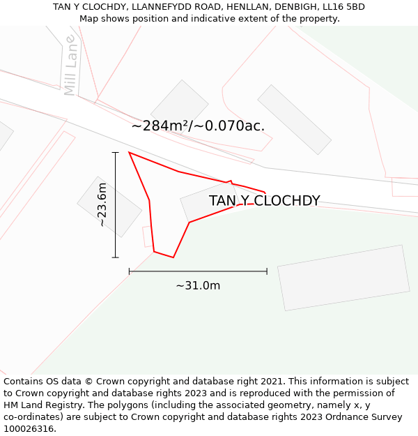 TAN Y CLOCHDY, LLANNEFYDD ROAD, HENLLAN, DENBIGH, LL16 5BD: Plot and title map