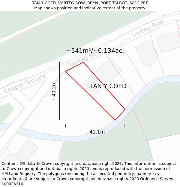 TAN Y COED, VARTEG ROW, BRYN, PORT TALBOT, SA13 2RF: Plot and title map