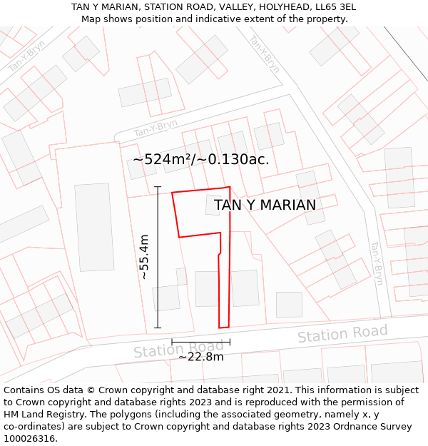 TAN Y MARIAN, STATION ROAD, VALLEY, HOLYHEAD, LL65 3EL: Plot and title map