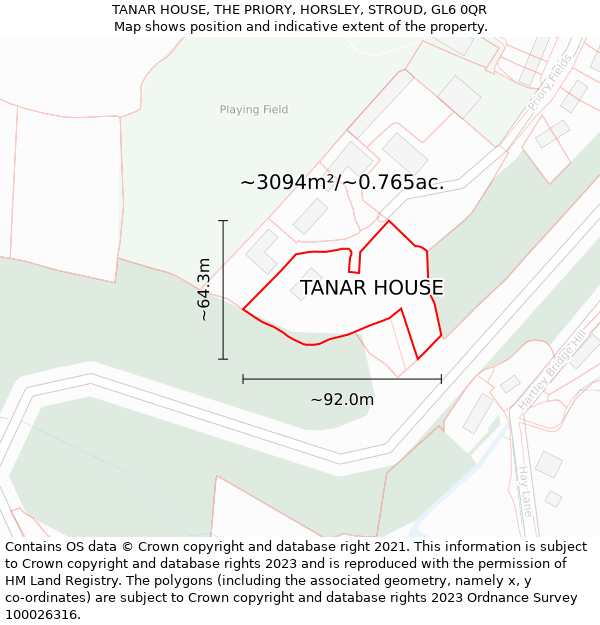 TANAR HOUSE, THE PRIORY, HORSLEY, STROUD, GL6 0QR: Plot and title map