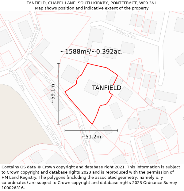 TANFIELD, CHAPEL LANE, SOUTH KIRKBY, PONTEFRACT, WF9 3NH: Plot and title map