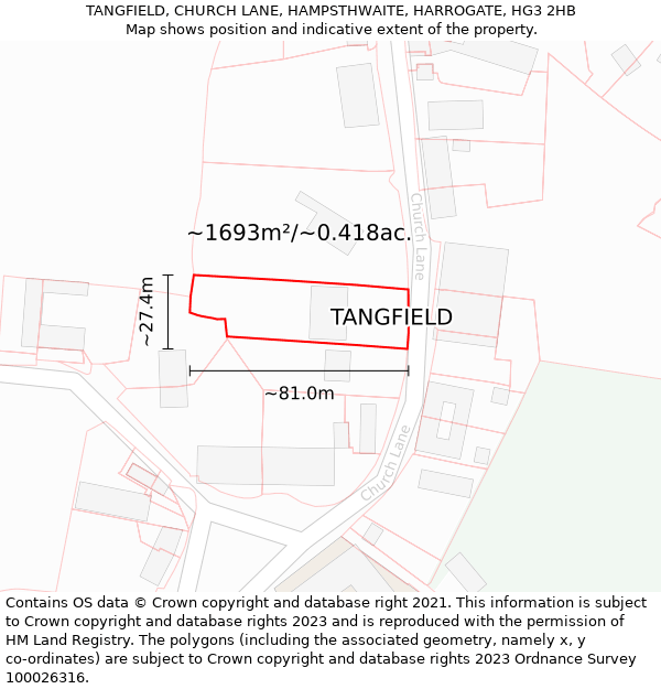 TANGFIELD, CHURCH LANE, HAMPSTHWAITE, HARROGATE, HG3 2HB: Plot and title map