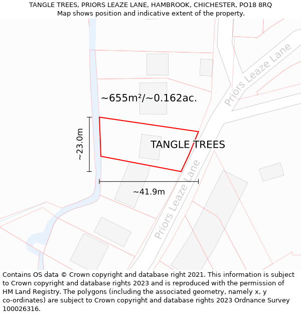 TANGLE TREES, PRIORS LEAZE LANE, HAMBROOK, CHICHESTER, PO18 8RQ: Plot and title map