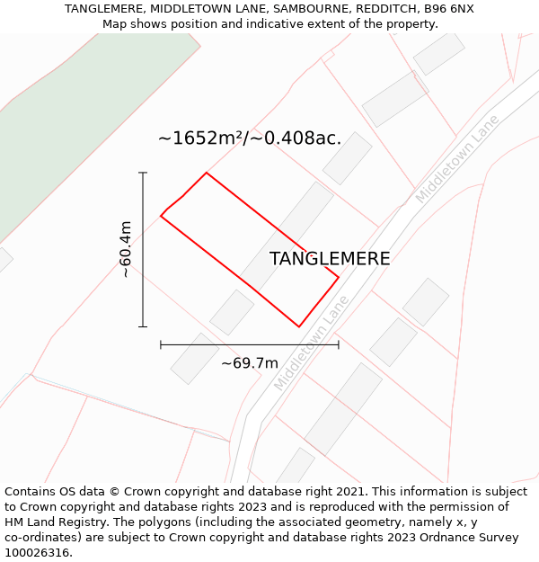 TANGLEMERE, MIDDLETOWN LANE, SAMBOURNE, REDDITCH, B96 6NX: Plot and title map