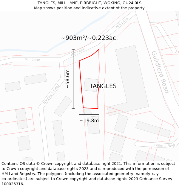 TANGLES, MILL LANE, PIRBRIGHT, WOKING, GU24 0LS: Plot and title map