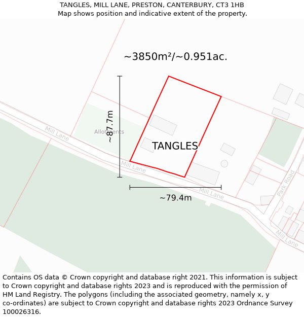 TANGLES, MILL LANE, PRESTON, CANTERBURY, CT3 1HB: Plot and title map