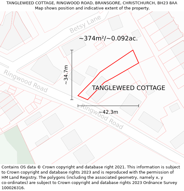 TANGLEWEED COTTAGE, RINGWOOD ROAD, BRANSGORE, CHRISTCHURCH, BH23 8AA: Plot and title map