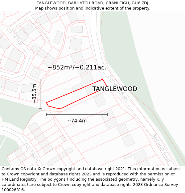 TANGLEWOOD, BARHATCH ROAD, CRANLEIGH, GU6 7DJ: Plot and title map