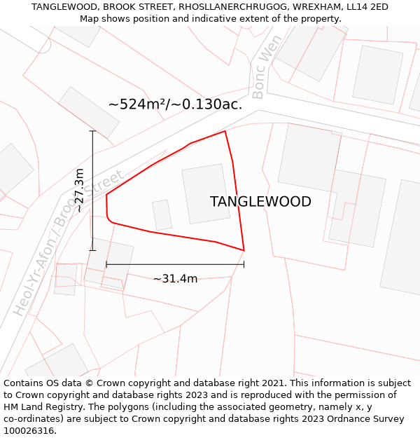TANGLEWOOD, BROOK STREET, RHOSLLANERCHRUGOG, WREXHAM, LL14 2ED: Plot and title map