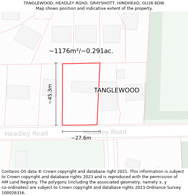 TANGLEWOOD, HEADLEY ROAD, GRAYSHOTT, HINDHEAD, GU26 6DW: Plot and title map