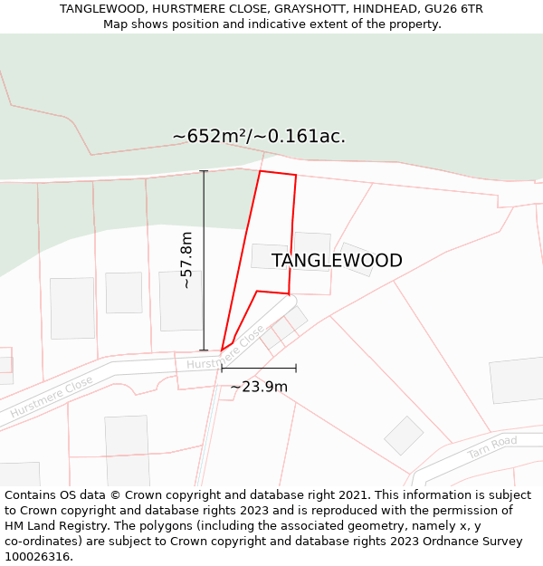 TANGLEWOOD, HURSTMERE CLOSE, GRAYSHOTT, HINDHEAD, GU26 6TR: Plot and title map