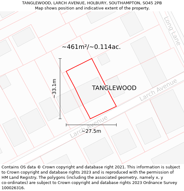 TANGLEWOOD, LARCH AVENUE, HOLBURY, SOUTHAMPTON, SO45 2PB: Plot and title map