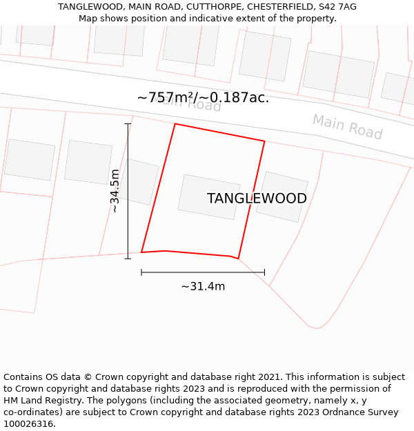 TANGLEWOOD, MAIN ROAD, CUTTHORPE, CHESTERFIELD, S42 7AG: Plot and title map