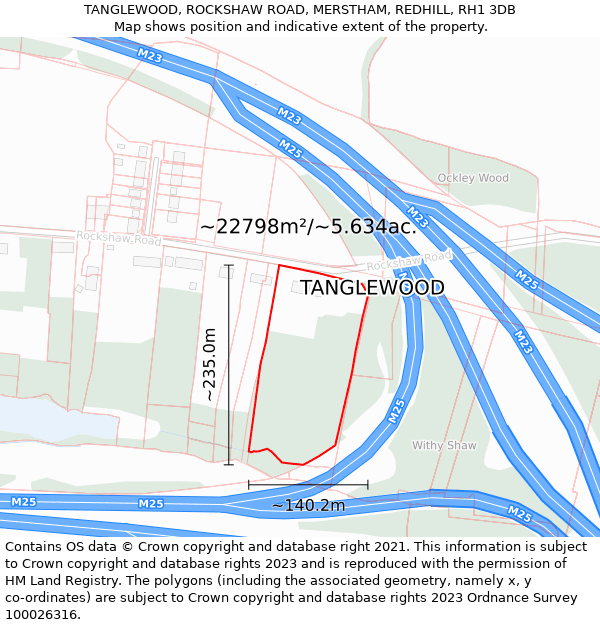 TANGLEWOOD, ROCKSHAW ROAD, MERSTHAM, REDHILL, RH1 3DB: Plot and title map