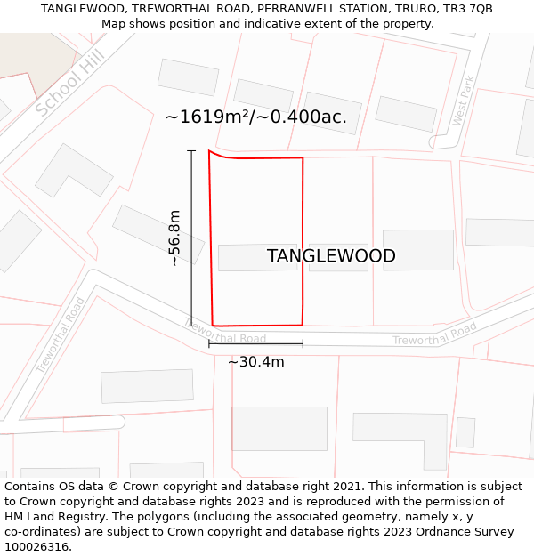 TANGLEWOOD, TREWORTHAL ROAD, PERRANWELL STATION, TRURO, TR3 7QB: Plot and title map